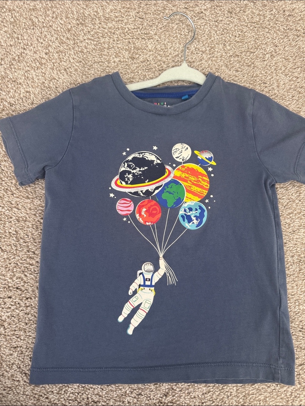 Mini Boden Navy Blue Tee with Multicolor Planet Balloons